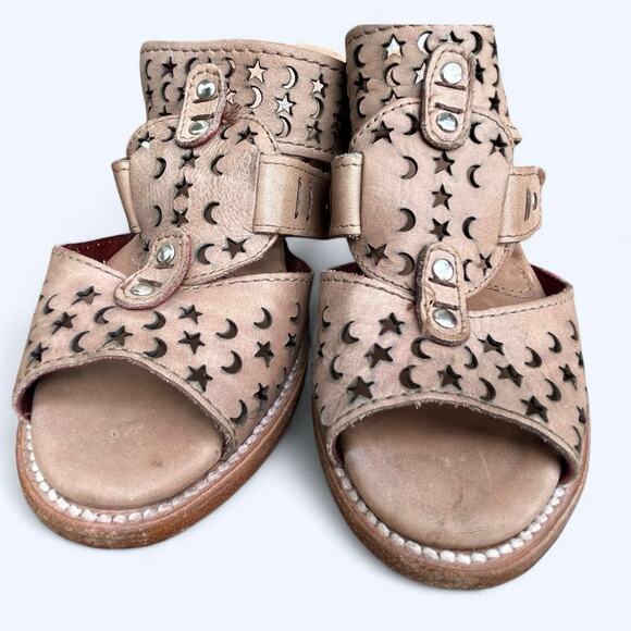 Freebird by Steven Block Heel Slide Leather Sandals Moonstar Ice womens 10 M Tan - Picture 3 of 13